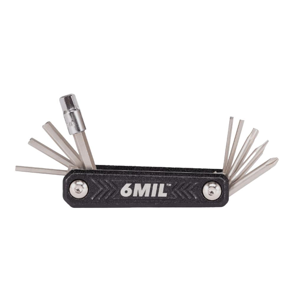 The 6MIL 8 In 1 Folding Multi Tool is a compact black tool featuring fold-out hex keys and a socket wrench attachment—ideal for pocket-sized bike repairs wherever you go.