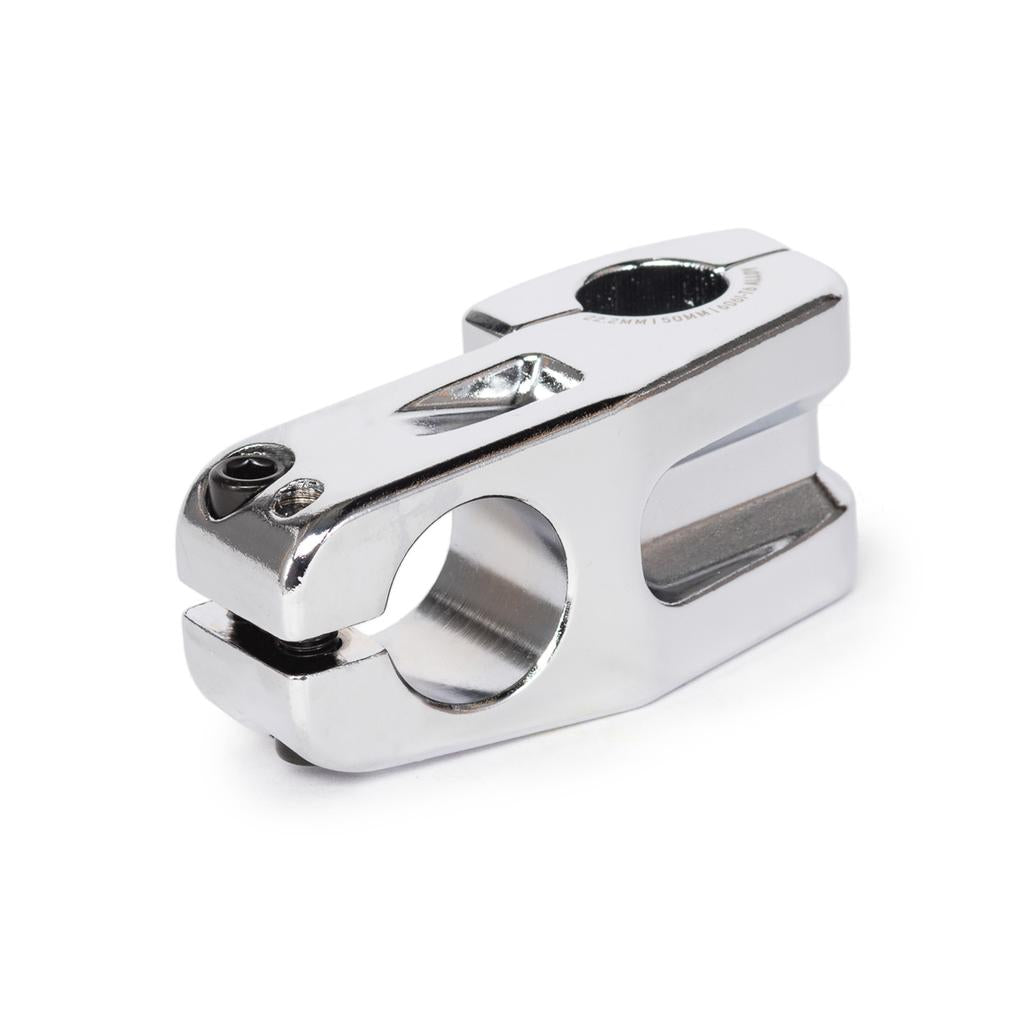 The Salt Am V2 Top Load Stem (22.2mm Clamp) features a chrome finish, is constructed from durable 6061 T6 alloy, and offers secure shark tooth clamping, shown isolated on a white background.