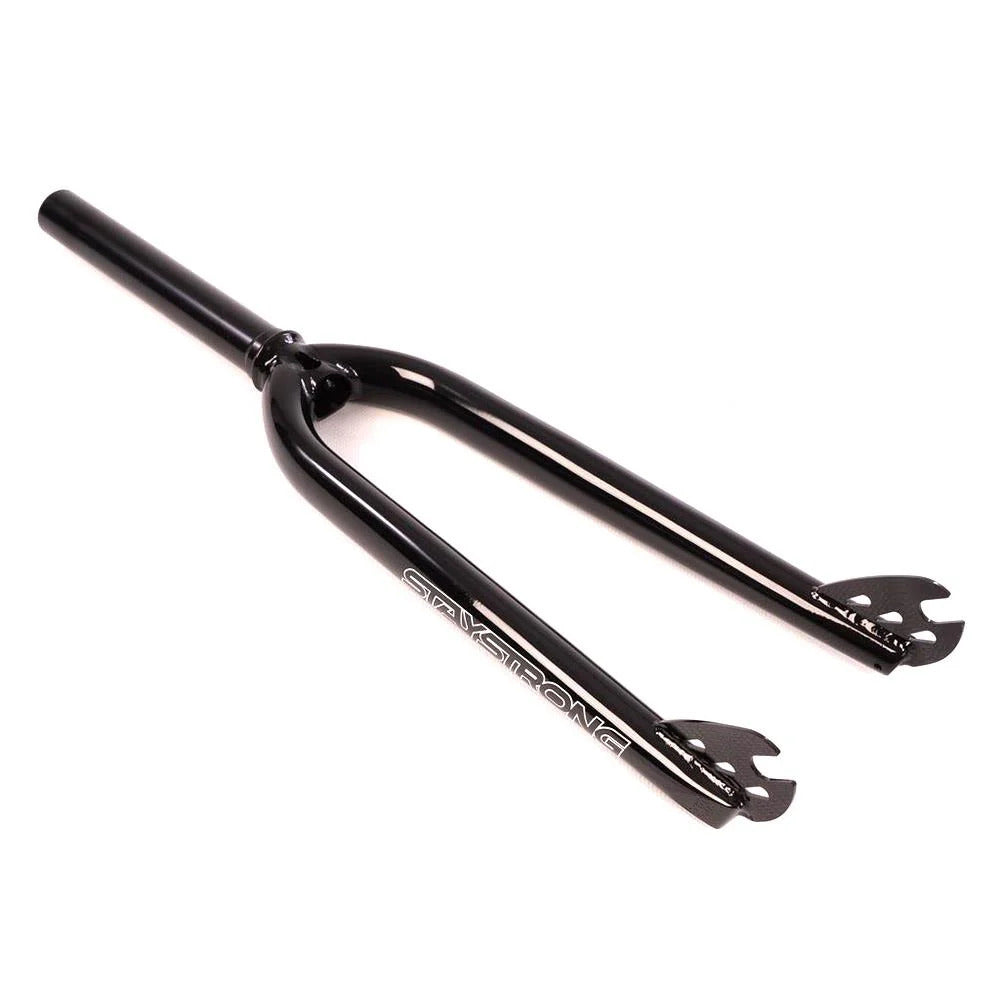 The Stay Strong 20 Inch DVSN Race Mini Fork is a black 4130 Chromoly BMX fork featuring "STAY STRONG" text on one leg and a threadless steerer tube, displayed on a white background.
