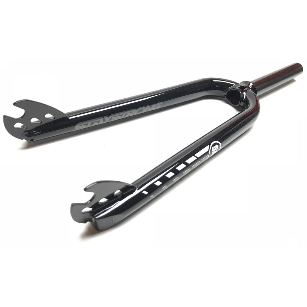 Stay Strong 20 Inch DVSN Race Mini Fork: black 4130 Chromoly fork with "STAY STRONG" branding, threadless steer tube, and horizontal dropouts. Shown on a white background.