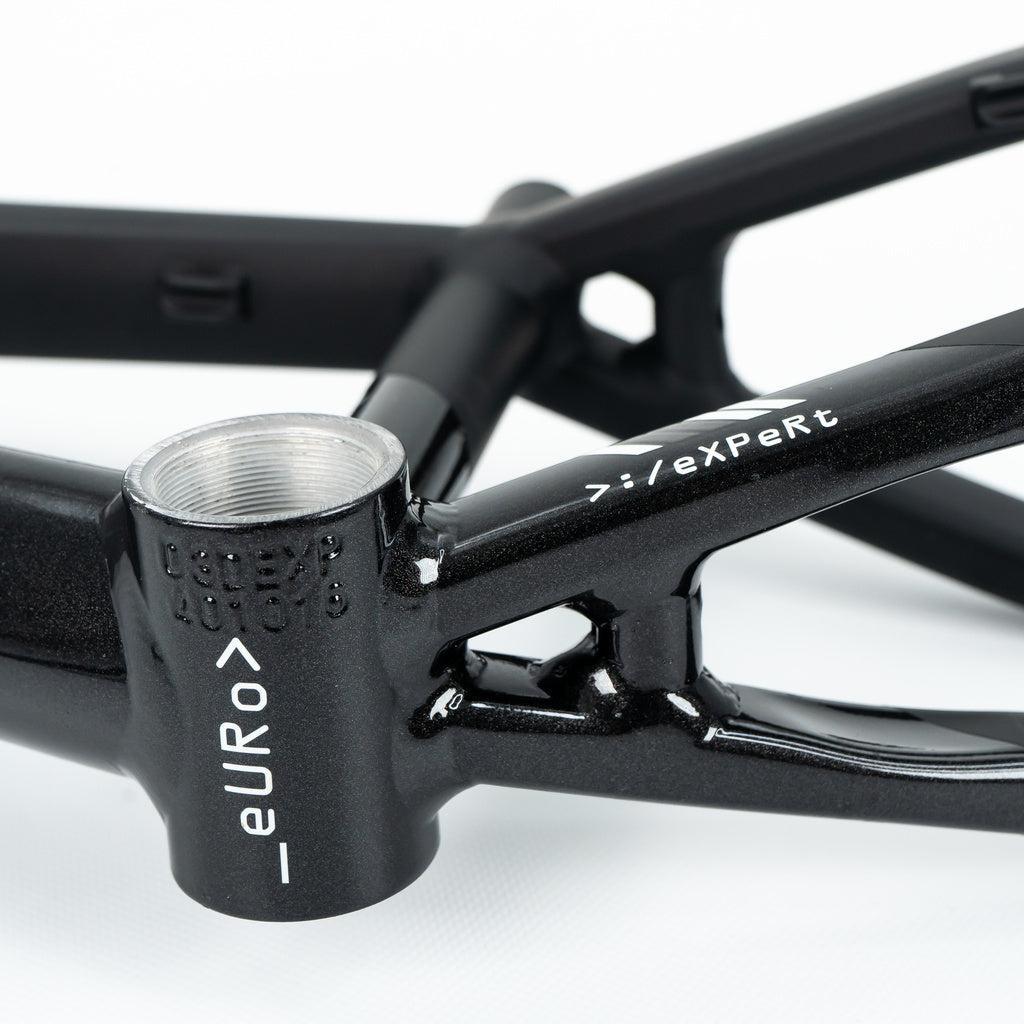 Close-up of a black Staystrong V5 Disc Mini Frame bottom bracket shell, crafted from 6061 aluminium tubing, with "euro" and "expert" labels printed in white.