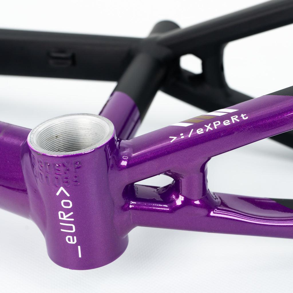 Close-up of a metallic purple bicycle with "euro" and "expert" labels, highlighting the bottom bracket on a 6061 alloy aluminium race frame. The black Staystrong V5 Disc Mini Frame is partly visible in the background.