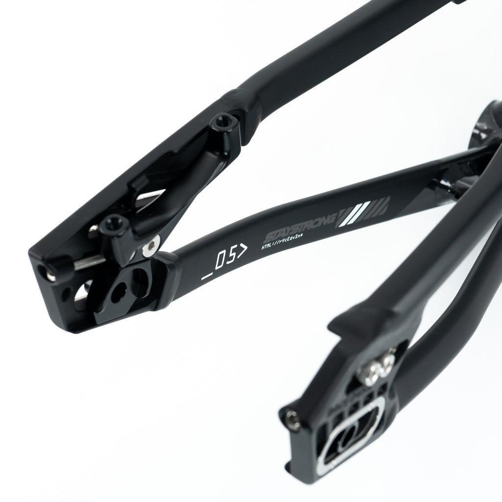 Close-up of the Staystrong V5 Disc Expert XL Cruiser Frame's black aluminium rear triangle, displaying mounting points and model markings on a white background.