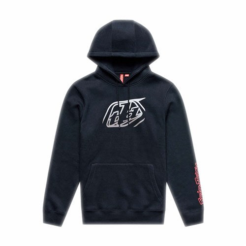 The TLD 26.1 Pullover Hoodie Badge Black features a front pocket, a white Troy logo on the chest, red sleeve text, and a cozy "Sweet hoods" design for added warmth and comfort in daily wear.