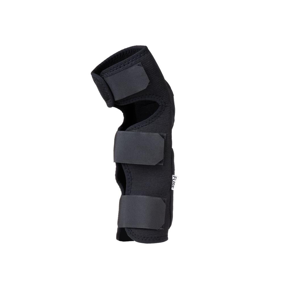 A pair of Fuse NXG Kids Knee Combo Pads in black, designed for support and stabilization, featuring three adjustable Velcro straps for a secure fit.