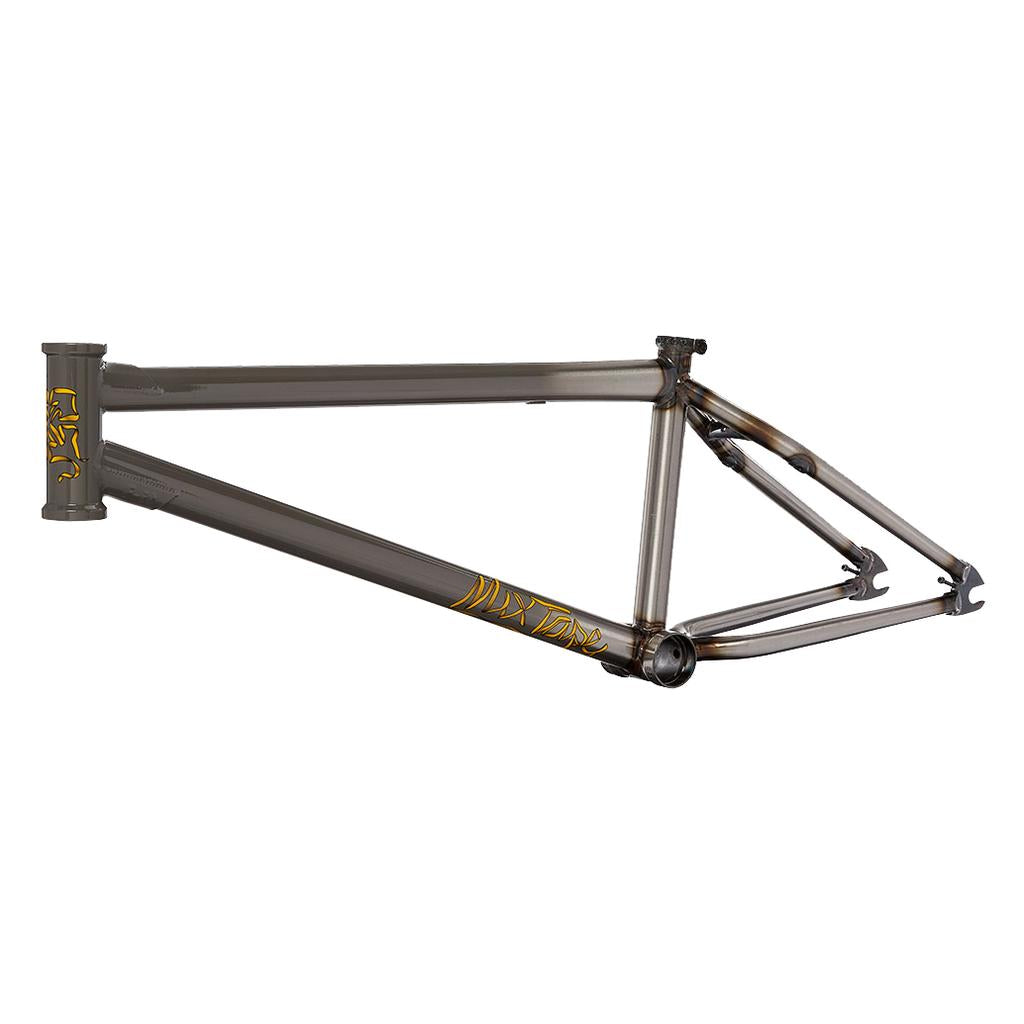 The Fit Bike Co Mixtape V2 Frame is a matte gray BMX frame with yellow graphics, built from the Thermal X tubeset, displayed side-on against a white background.
