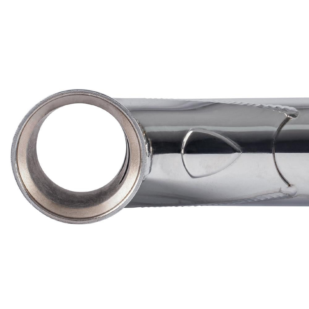 Close-up of the Subrosa Speedwolf V2 Race Frame’s Chromoly pipe, showing its circular opening, smooth reflective surface, welded seams, and notch—demonstrating ideal craftsmanship for BMX racing.