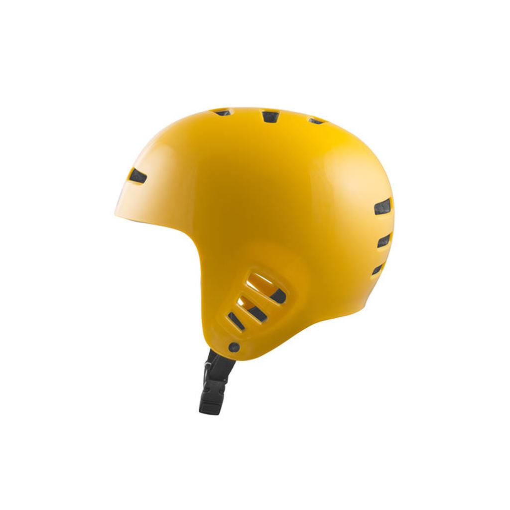 The TSG Dawn Full Cut Helmet in mustard features hardshell construction, ventilation holes, and an adjustable black chin strap, shown in profile on a white background.