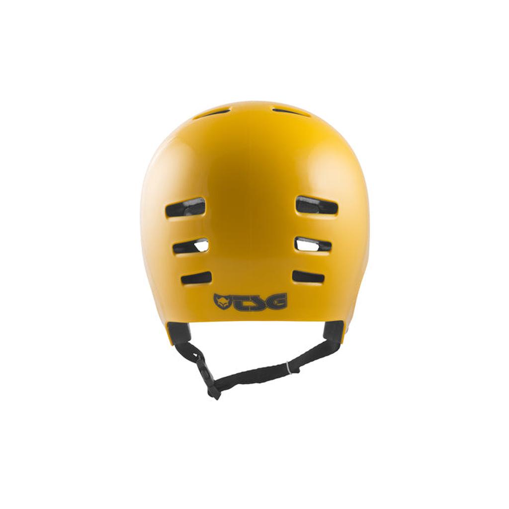 The TSG Dawn Flex Full Cut Helmet in mustard features hardshell construction, ventilation slots, a secure chinstrap, and a retro look with the TSG logo on the back.