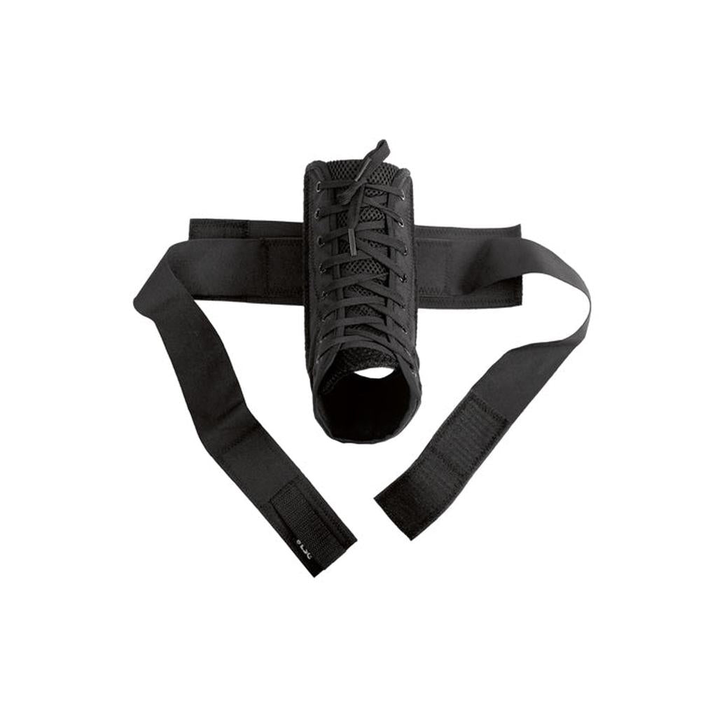 A pair of TSG Ankle Support (Laguna) braces, black with laces and two adjustable velcro straps, featuring flexible hems for comfort, is shown lying flat on a white background.