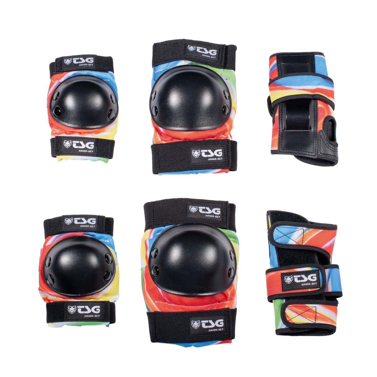 The TSG Skate Junior Protective Pad Set features colorful impact-absorbing knee pads, two elbow pads, and two wrist guards, each with black hard shells and TSG branding.