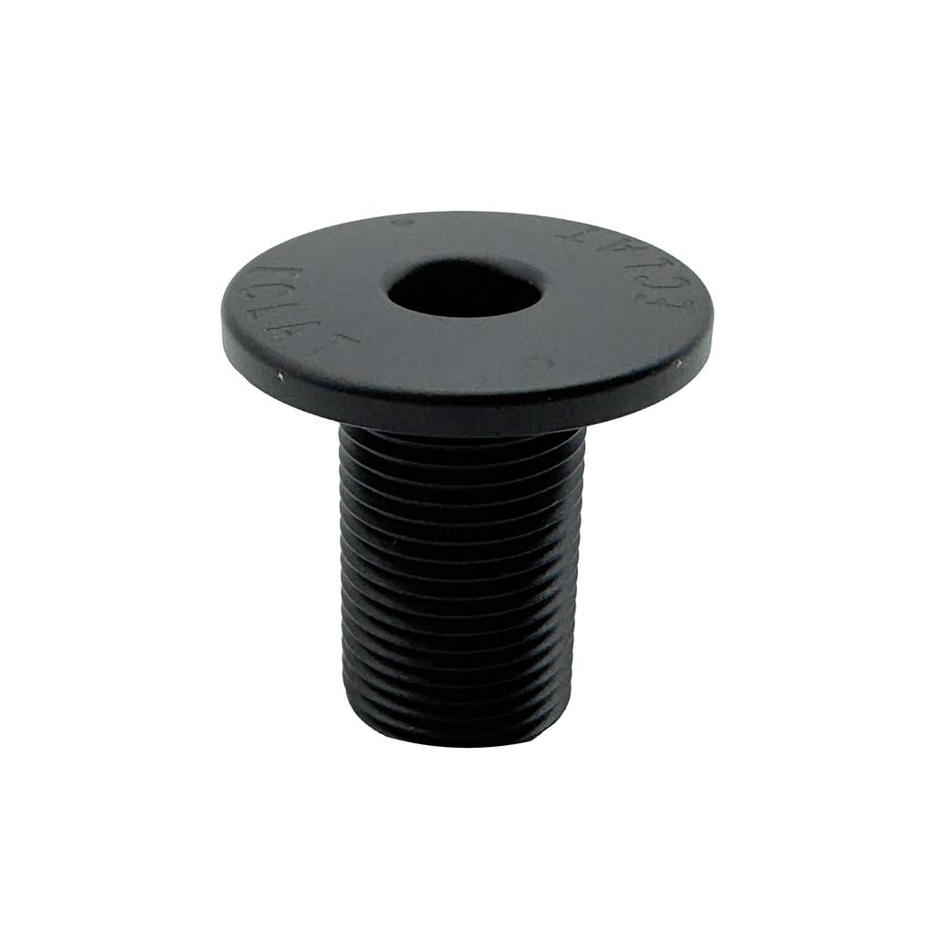The Eclat Jackal Fork Preload Bolt, featuring a black, flat-head design with a hex socket drive and M18 threading, is ideal as a replacement fork top cap for the Jackal Titanium fork—pictured on a white background.