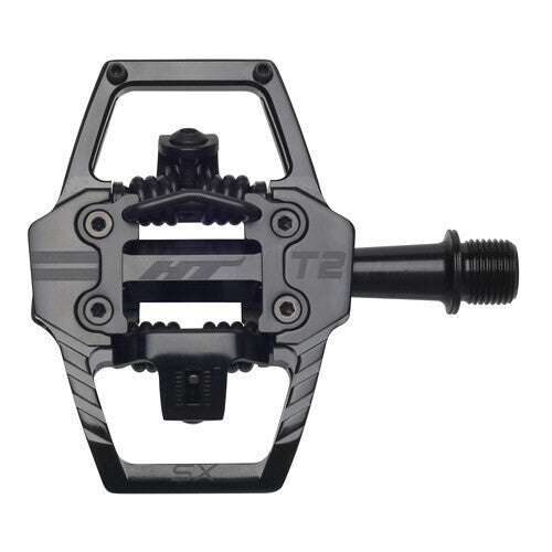 Black HT T2-SX Clip In Pedals with a durable metal frame and CNC machined chromoly spindle, viewed from above against a white background.