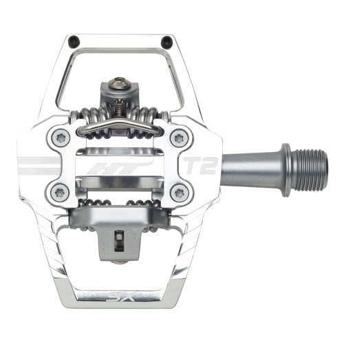 HT T2-SX Clip In Pedals in silver with visible spring mechanism, CNC machined chromoly spindle, axle, and platform, shown from above on a white background.