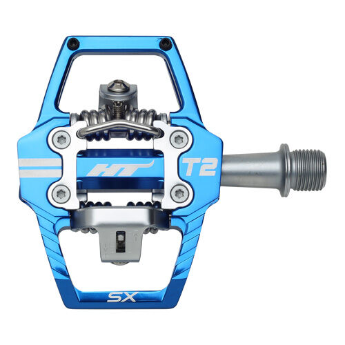 HT T2-SX Clip In Pedals in blue, featuring a silver CNC-machined chromoly spindle and visible branding, displayed against a white background.