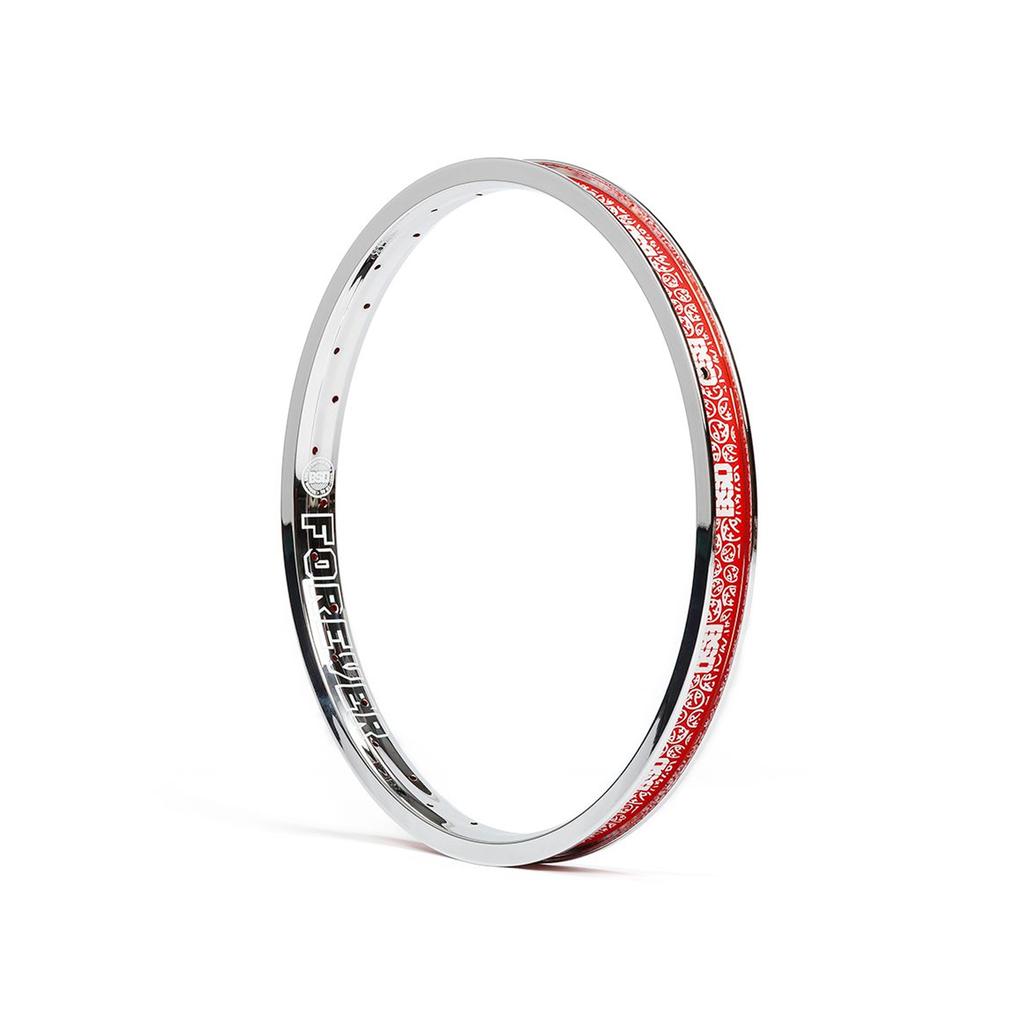 The BSD Forever Rim features a silver and red finish with "FOREVER" and patterned designs, plus a strong I-beam construction, all shown on a white background.