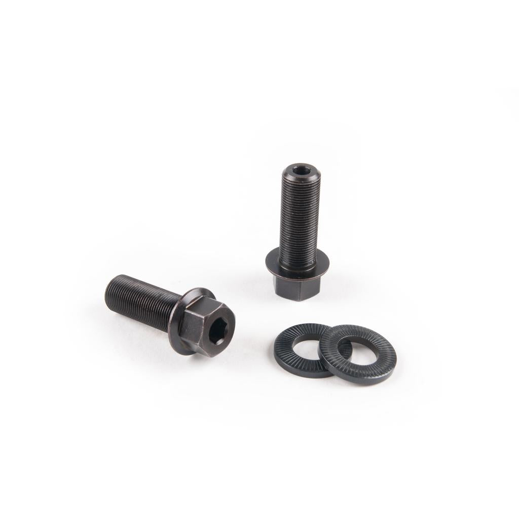 Two Eclat Hex Bolt & Washer sets, black, are shown on a white background—one bolt upright and one lying down with washers side by side—perfect for female axles and 14mm rear fitments.