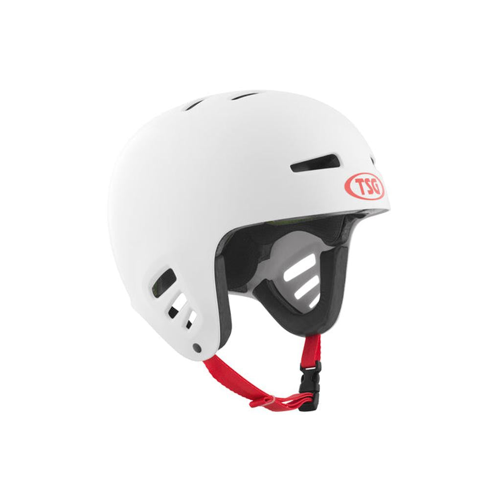 The TSG Dawn Flex Full Cut Helmet in white features black interior padding, a red adjustable chin strap, ventilation slots, soft-fit comfort for a secure feel, ear protection, and the TSG logo on the front.