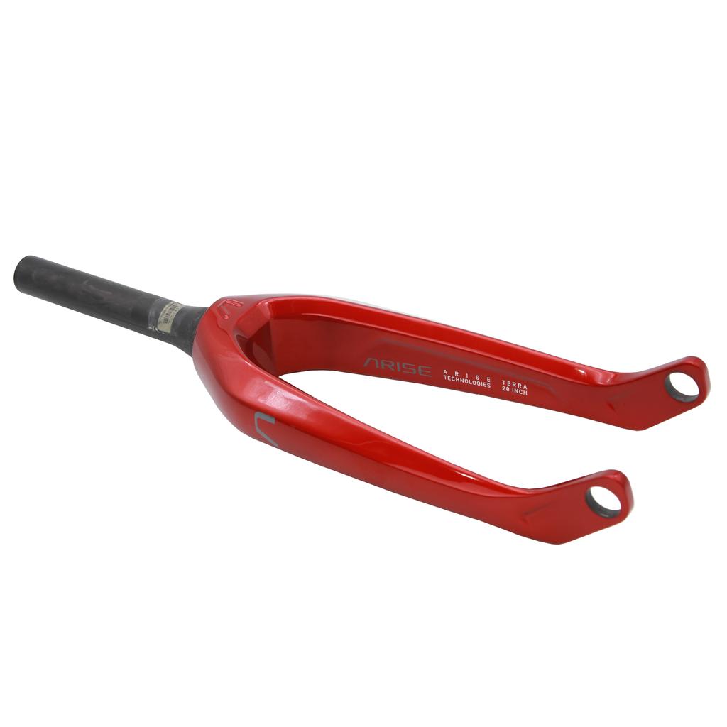 The Arise Terra Carbon Forks Pro (Tapered, 20mm) are shown at an angle against a white background, featuring visible "ARISE" branding and technical details that emphasize their advanced monocoque carbon fiber construction.