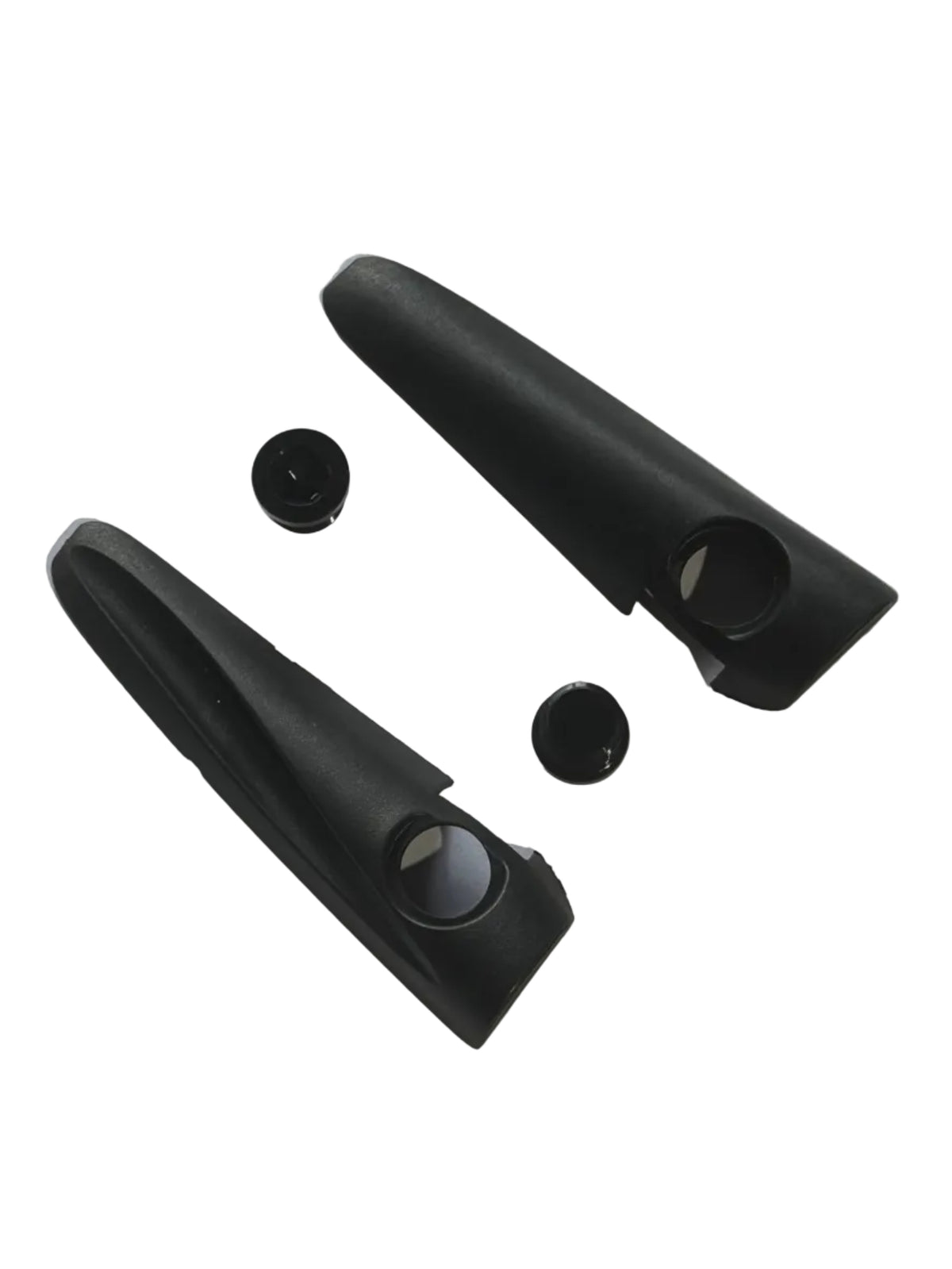 Two black plastic Chase ACT 1.2 V-Brake Mount Aero Covers with circular holes, accompanied by two round black caps and designed with durable nylon cleats, are displayed on a white background.