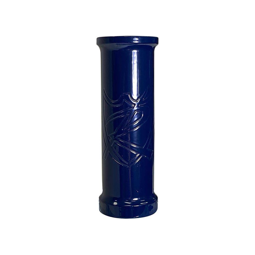 A tall, cylindrical, glossy dark blue vase with a subtle embossed abstract design on its front, inspired by the sleek curves and modern style of the S&M Rambler Thru N Thru Frame (Nathan Halahan).
