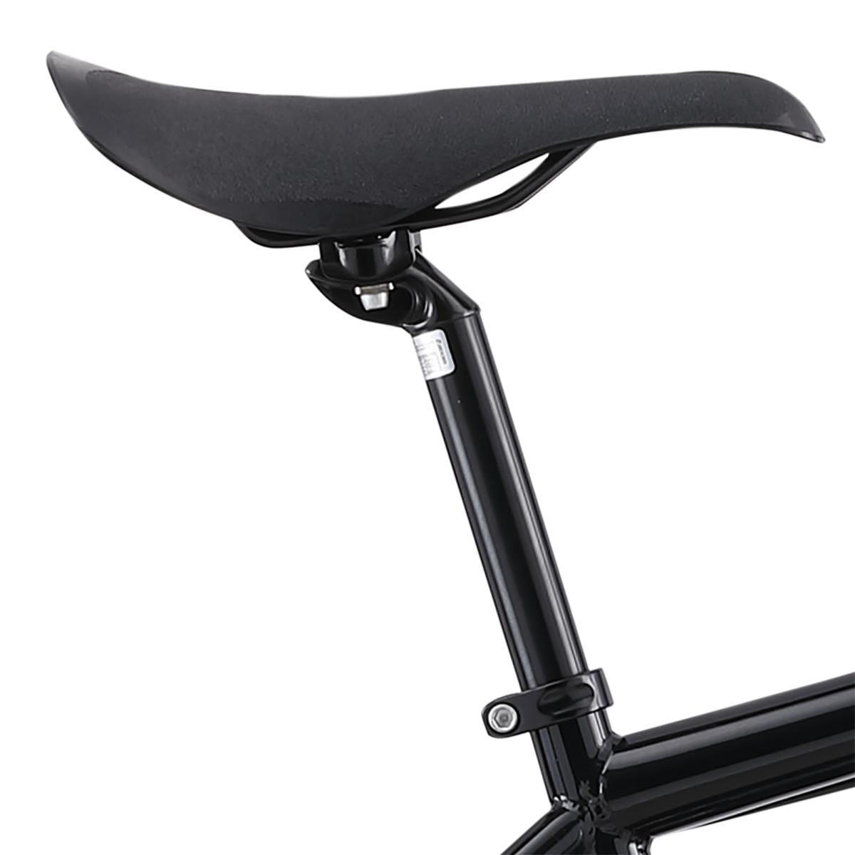Close-up of a black saddle and seat post attached to the chromoly steel frame of the Redline PL 26 Inch Bike, featuring the seat adjustment clamp and part of the upper frame.