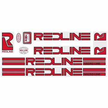 The Redline Retro Microline Frame Decal Set features vintage red and white "REDLINE" and "MICROLINE" logos—perfect for collectors seeking authentic, historically accurate BMX decals.