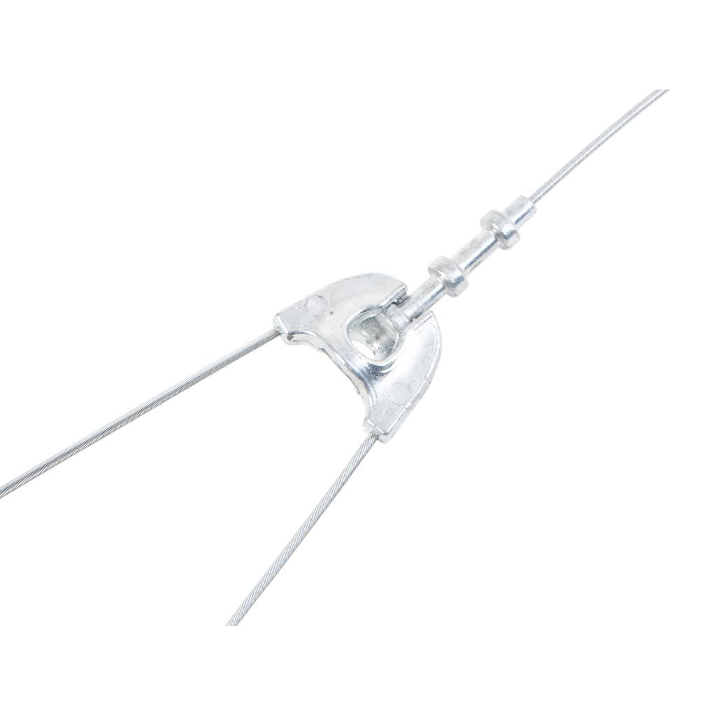 Close-up of a metal cable clamp connecting three steel wires, featuring an Odyssey Linear Quik Slic Brake Cable, against a white background.