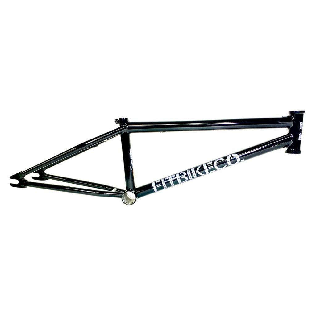The Fit Bike Co Squib 18 Inch Frame is a black BMX frame with "FITBIKECO." in white on the side, built from durable chromoly and shown against a white background.