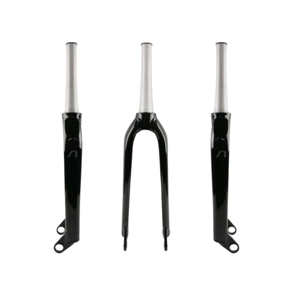 Three views of the Arise Quartz Cruiser Fork, black and silver, displayed from the front, left, and right sides against a white background.