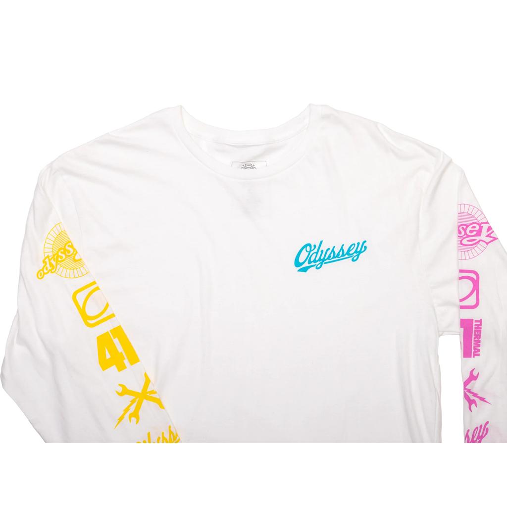 Add the Odyssey History Long Sleeve T-Shirt to your closet—this white shirt features "Odyssey" in blue across the chest, yellow graphics on the right sleeve, and pink graphics on the left.