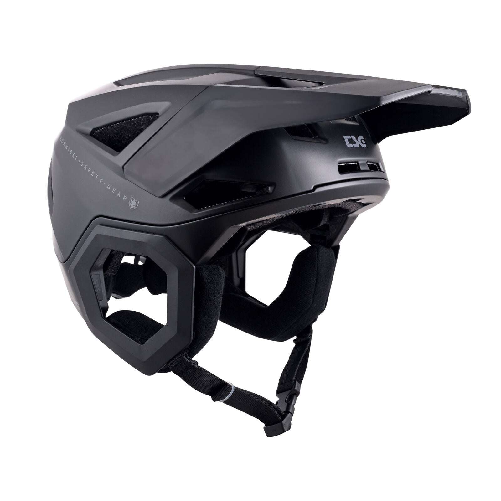 The TSG Prevention Helmet Satin Black features a visor, advanced ventilation system with side vents, and an adjustable chin strap, shown against a white background.