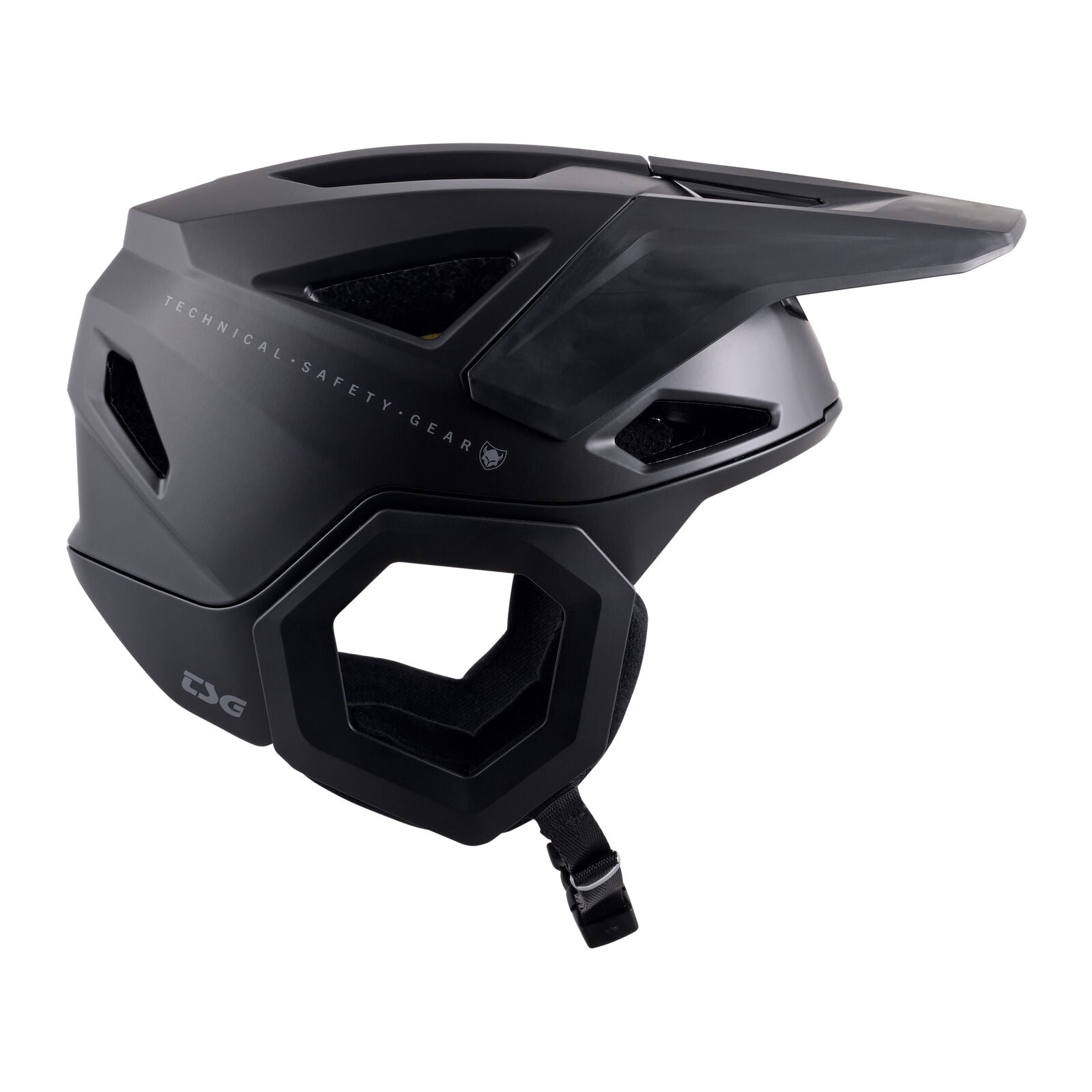 The TSG Prevention Helmet Satin Black features a matte finish, visor, angular vents, side cutout, adjustable chin strap, “Technical Safety Gear” text on the side, and a ventilation system ideal for BMX riders.