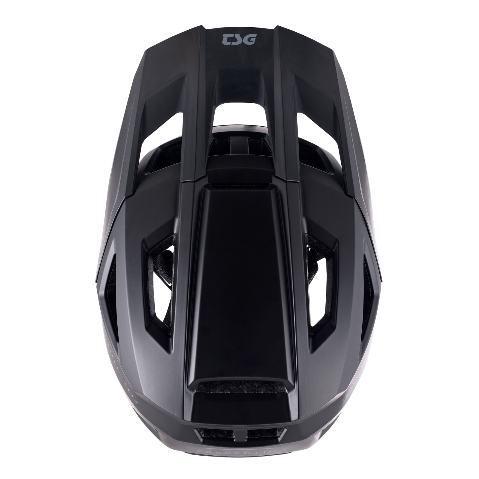 Top view of the TSG Prevention Helmet Satin Black, featuring an advanced ventilation system and angular design—ideal for BMX riders.