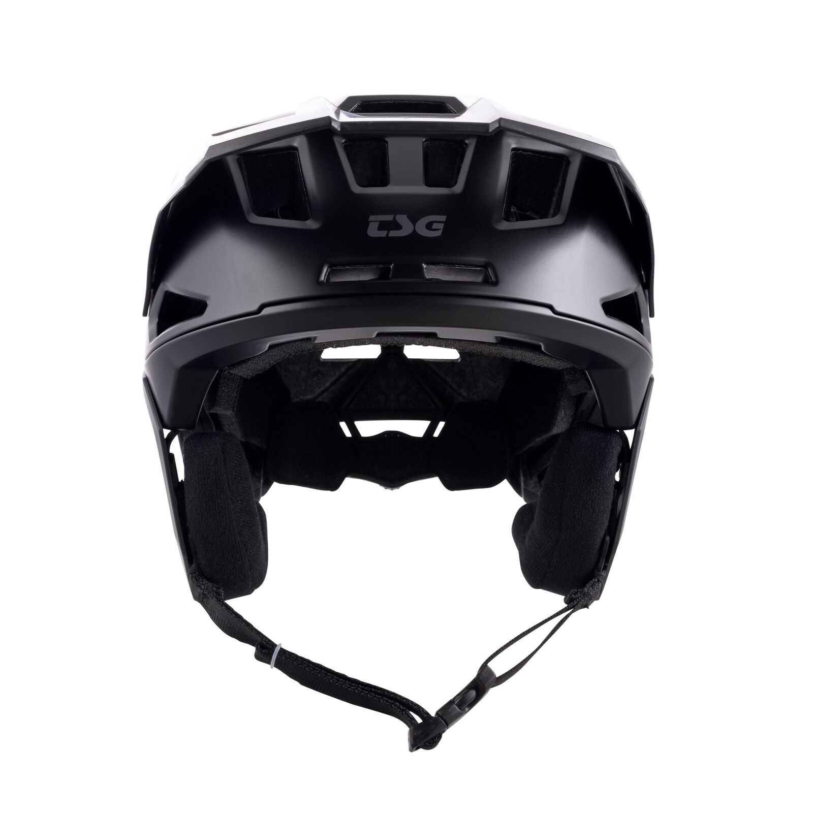 Front view of the TSG Prevention Helmet Satin Black featuring a padded interior, efficient ventilation, and adjustable chin strap—perfect for BMX riders wanting comfort and protection.