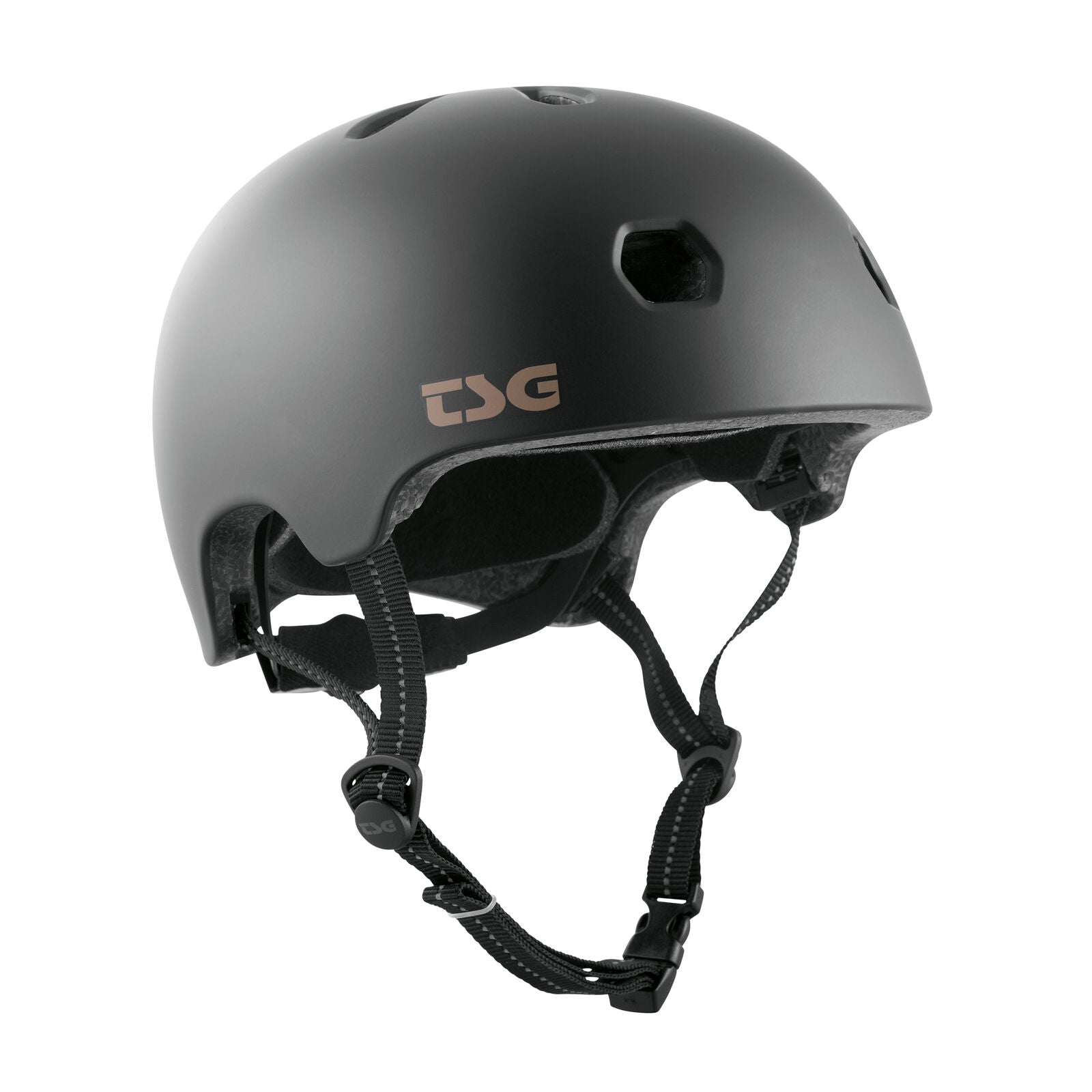 TSG Meta Helmet Satin Black with lightweight in-mold construction, ventilation holes, adjustable straps, buckle, and Dial Fit System, displayed on a plain white background.