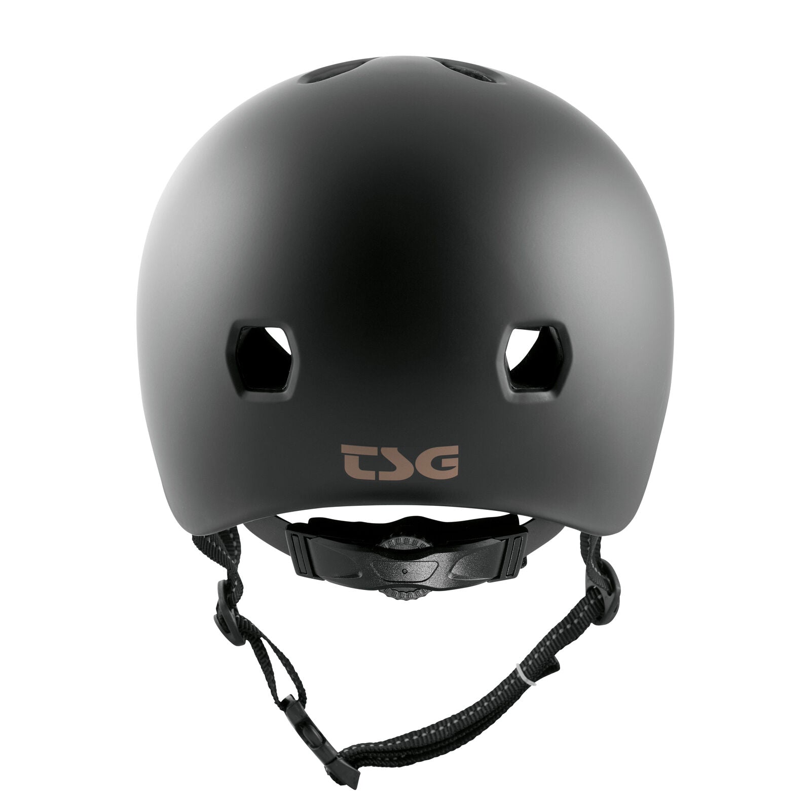 The TSG Meta Helmet Satin Black, seen from the front, has a matte finish, two front vents, an adjustable chin strap, and lightweight in-mold construction.