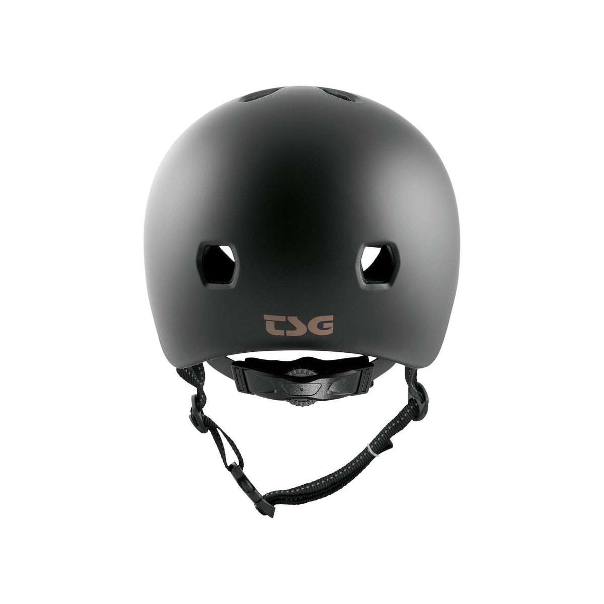 The TSG Meta Helmet Satin Black, seen from the front, has a matte finish, two front vents, an adjustable chin strap, and lightweight in-mold construction.
