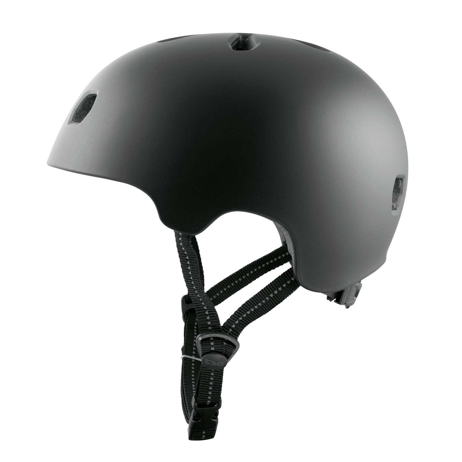 The TSG Meta Helmet Satin Black is a lightweight BMX helmet with in-mold construction, ventilation holes, and adjustable chin straps, displayed on a plain white background.