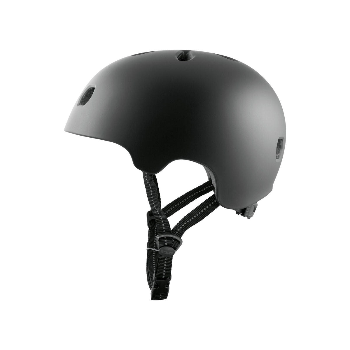 The TSG Meta Helmet Satin Black is a lightweight BMX helmet with in-mold construction, ventilation holes, and adjustable chin straps, displayed on a plain white background.