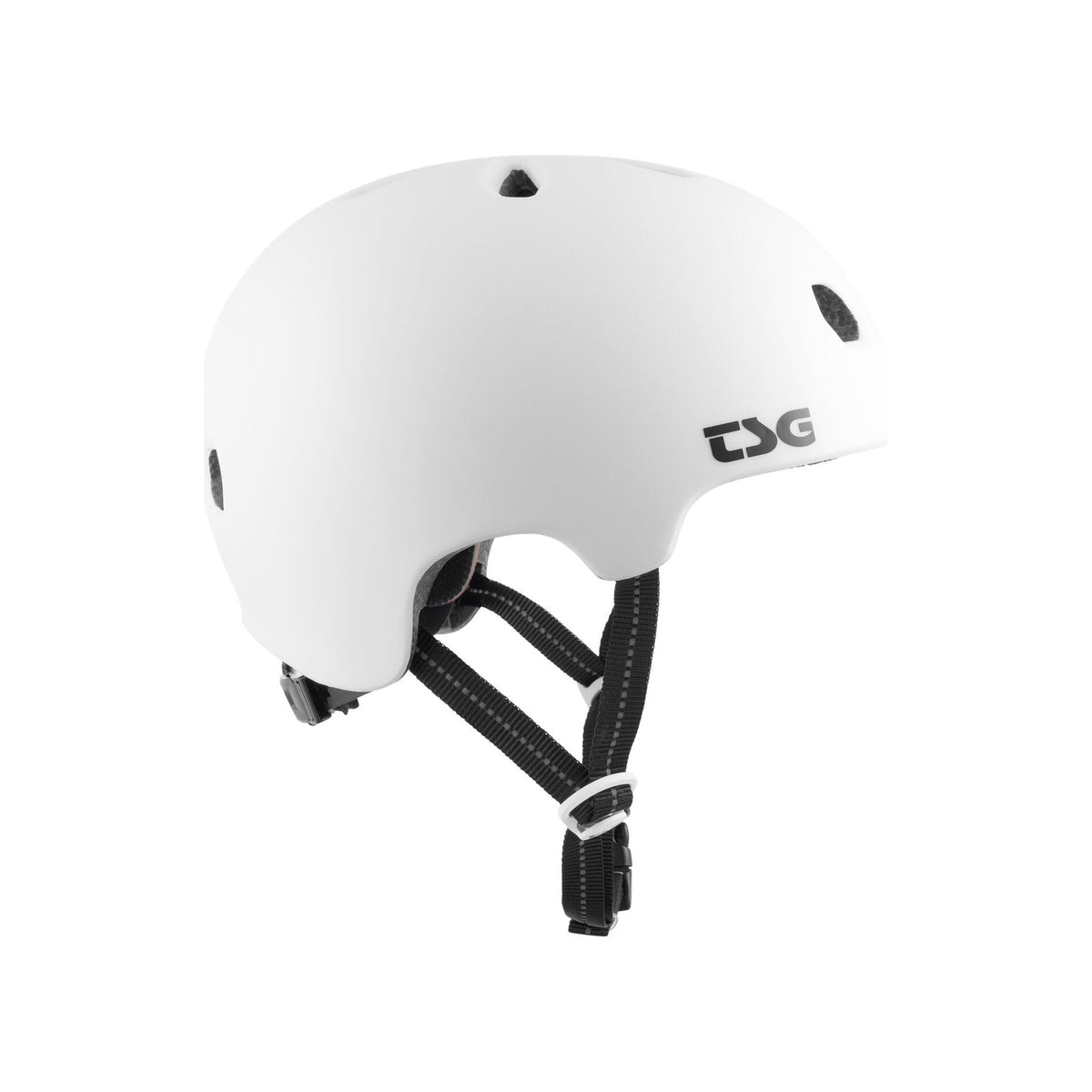The TSG Meta Helmet in Satin White features lightweight In-mold construction, ventilation holes, and adjustable black chin straps, displayed against a plain background.