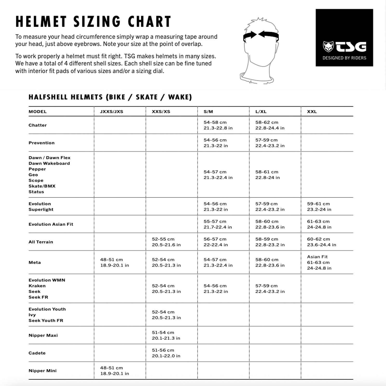 TSG Meta Helmet / Satin White sizing chart with head circumference measurements (cm), measuring guide with illustration, and details on lightweight In-mold construction plus Dial Fit System for select city helmets.