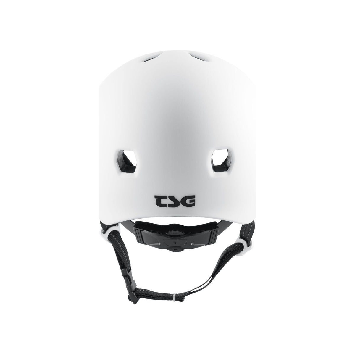 Front view of the TSG Meta Helmet in Satin White, featuring lightweight In-mold construction, two ventilation holes, an adjustable chin strap, and the TSG logo on the front.