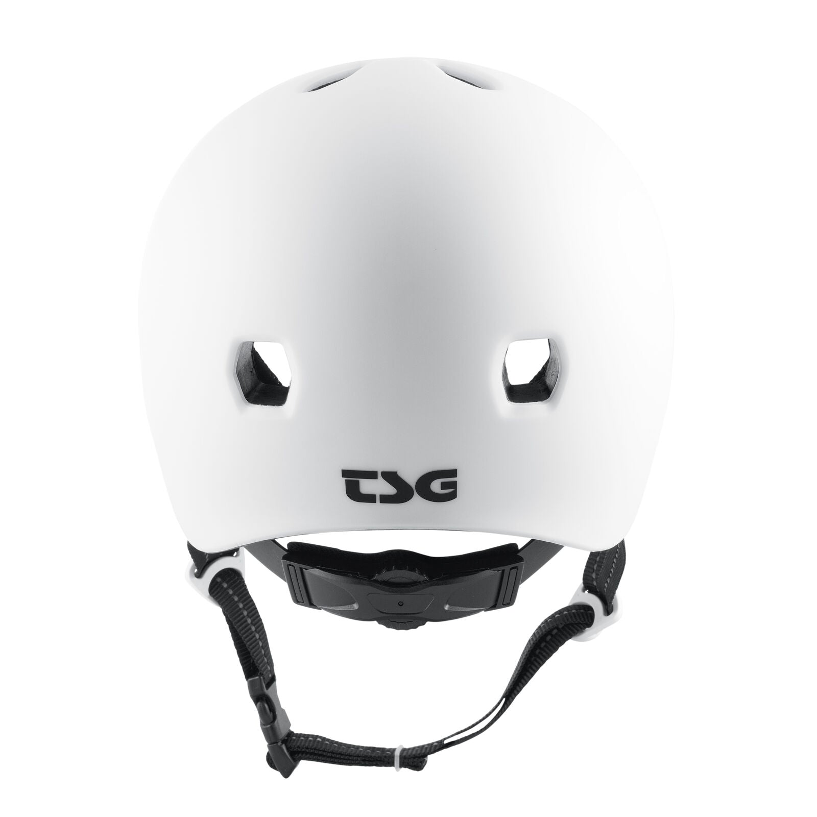 Front view of the TSG Meta Helmet in Satin White, featuring lightweight In-mold construction, two ventilation holes, an adjustable chin strap, and the TSG logo on the front.