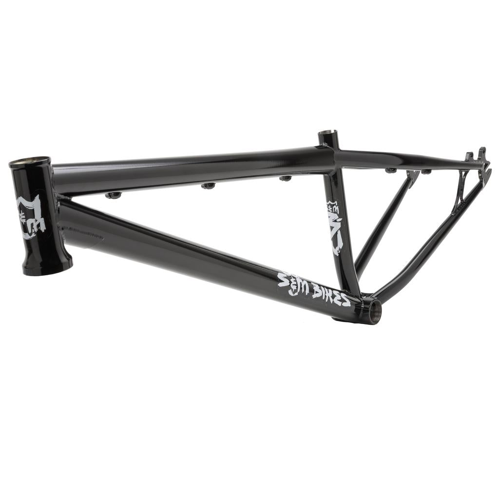 The S&M Big Jumper V2 26 Inch Dirt Jumper Frame is a black metal BMX frame with white logos, designed for 26” setups, shown against a white background.