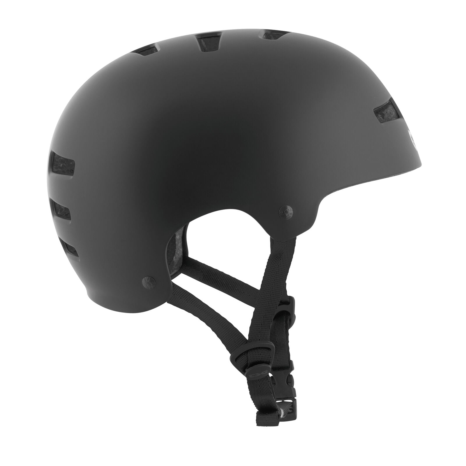The TSG Evolution Helmet in satin black features a hardshell design for biking or skating, high-impact protection, multiple air vents, and an adjustable chin strap, shown in side profile.