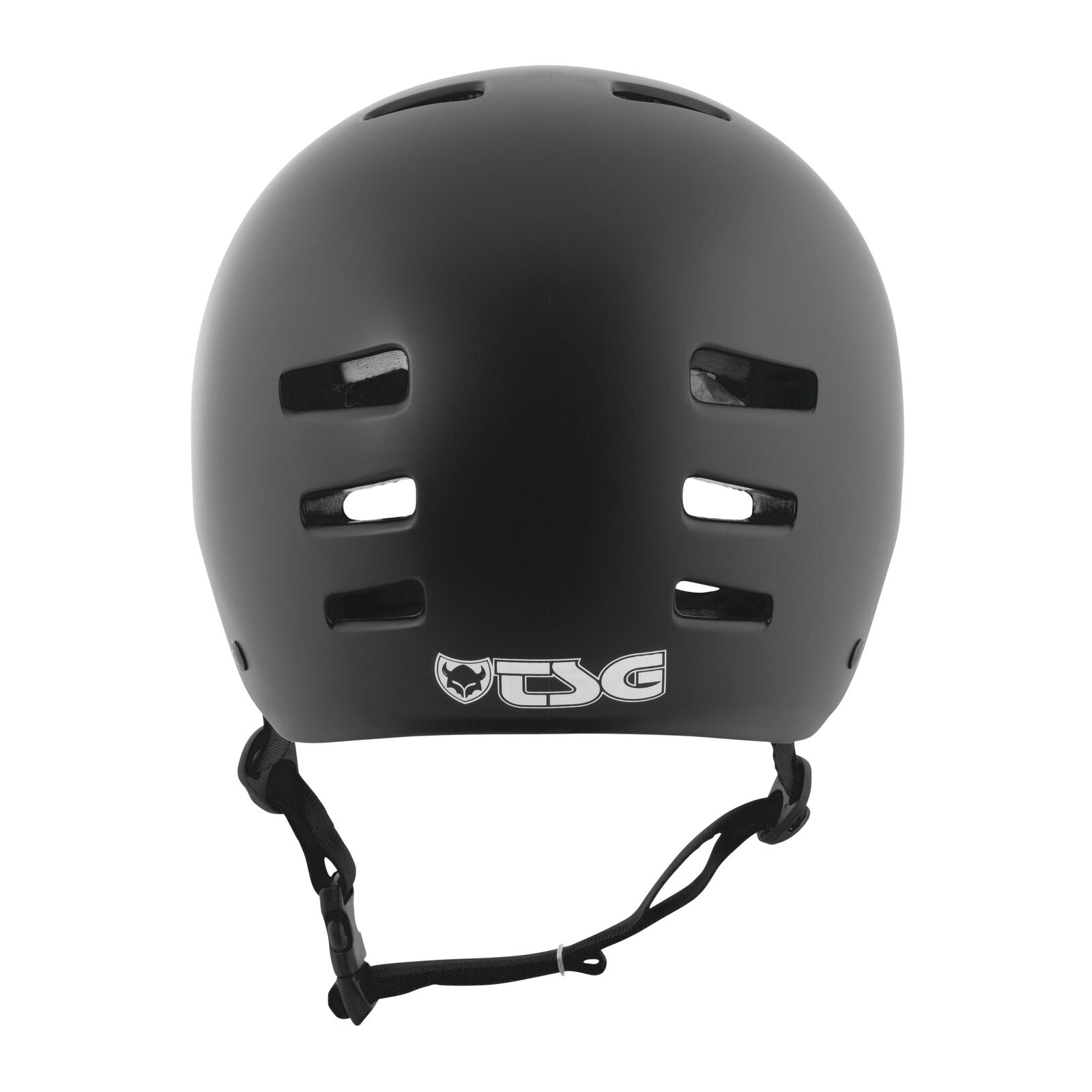The TSG Evolution Helmet in Satin Black features a hardshell design with air vents, chin strap, and TSG logo on the front, displayed against a white background.