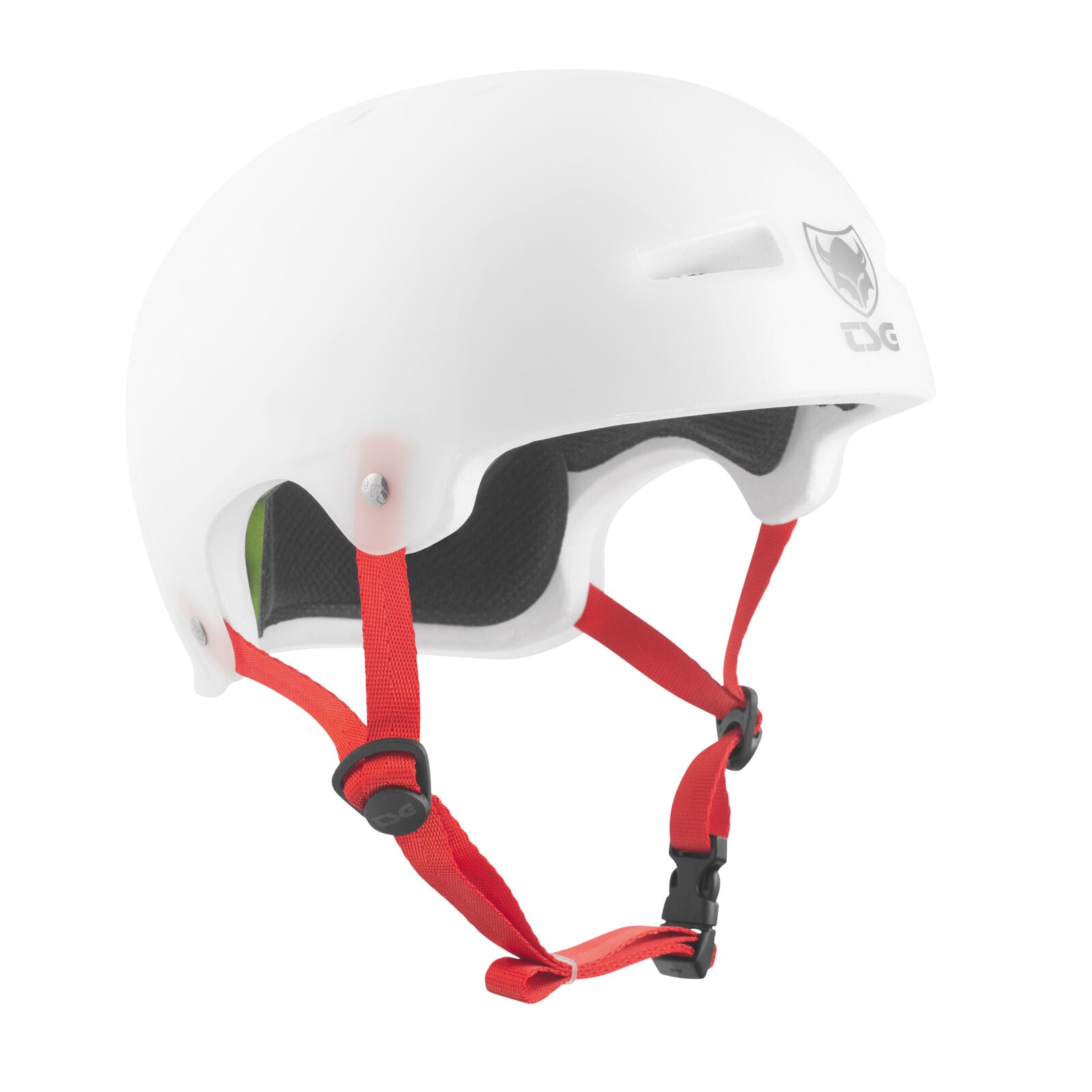 The TSG Evolution Helmet in Special Clear White features red adjustable straps, a black buckle, a small front-left logo, and enhanced protection with the Tuned Fit System.