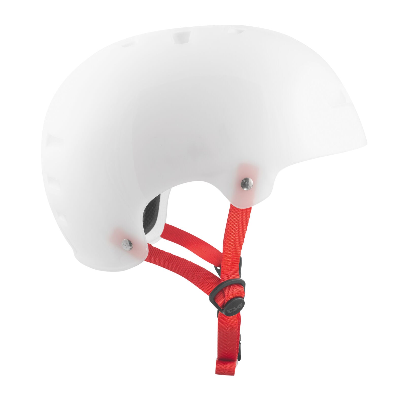The TSG Evolution Helmet / Special Clear White is a white hardshell helmet with red adjustable chin straps and black buckle, displayed in side profile on a plain white background.