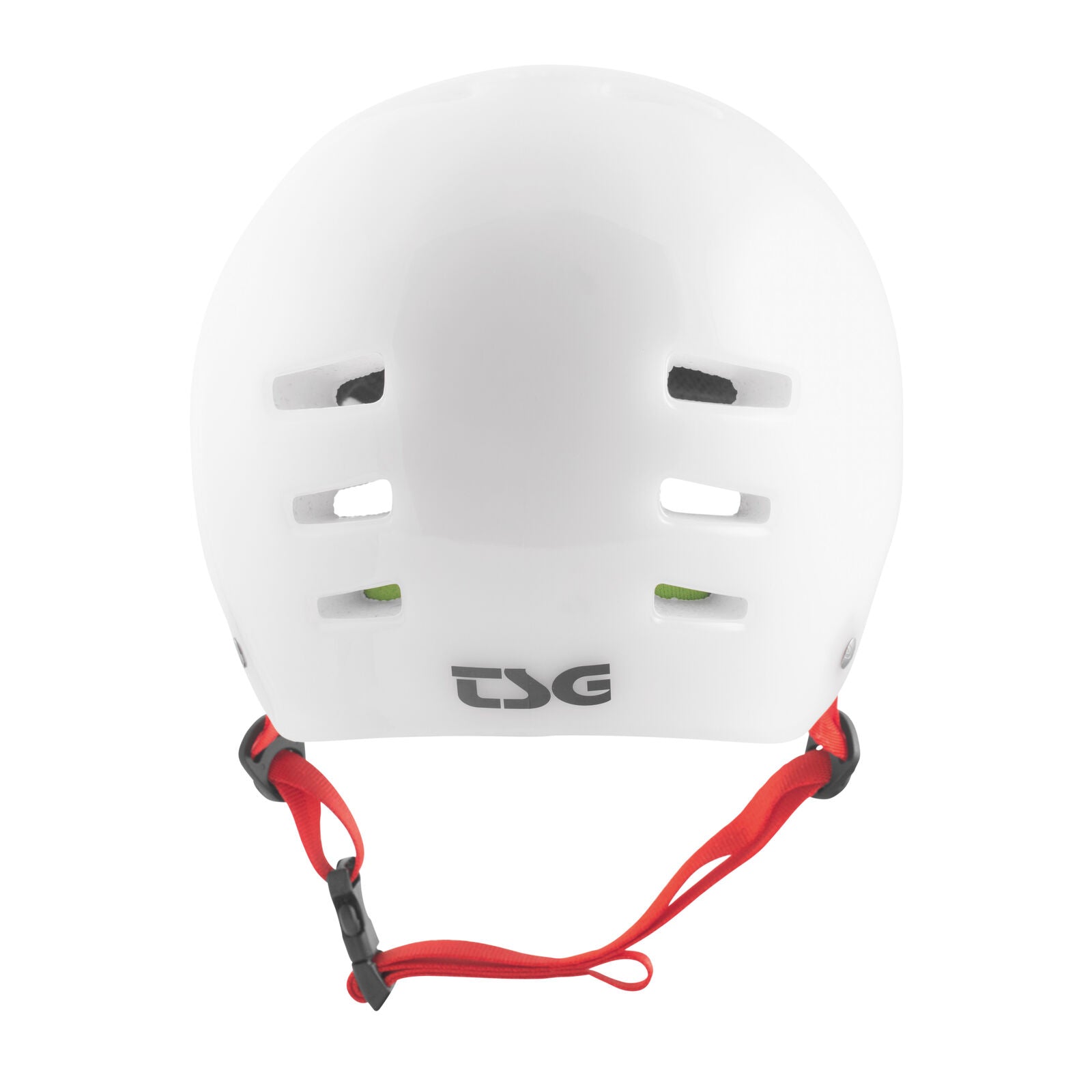 The TSG Evolution Helmet in Special Clear White is a slim hardshell helmet with ventilation slots, a black TSG logo, and a red adjustable chin strap, shown from the back for high-impact protection.
